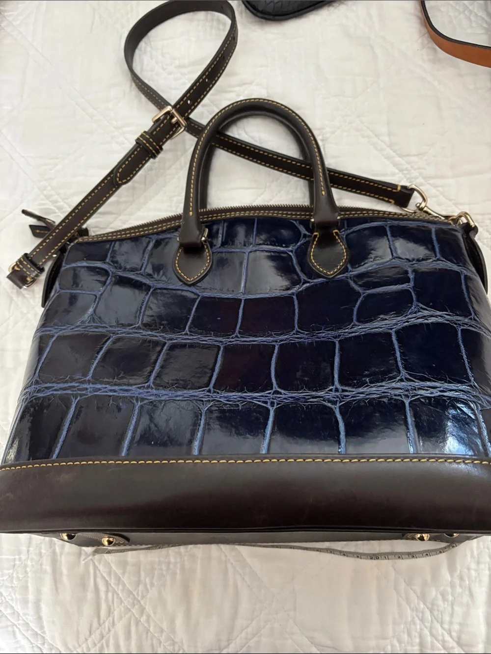 Dooney & Bourke Navy Croc-Embossed Satchel with Dark Brown Trim